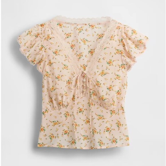 NWT GAP Lace Trim Floral Fitted Top L - Picture 5 of 5